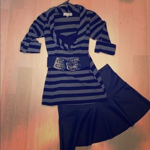 Long Black & Gray Striped Top with Built In Buckle